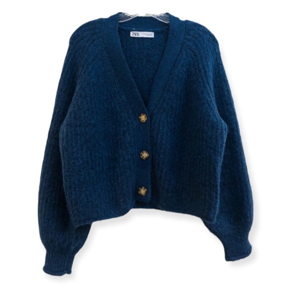 Zara Sweaters - Zara Navy Knit V Neck Button Front Classic Boho Balloon Sleeve Cardigan Sweater